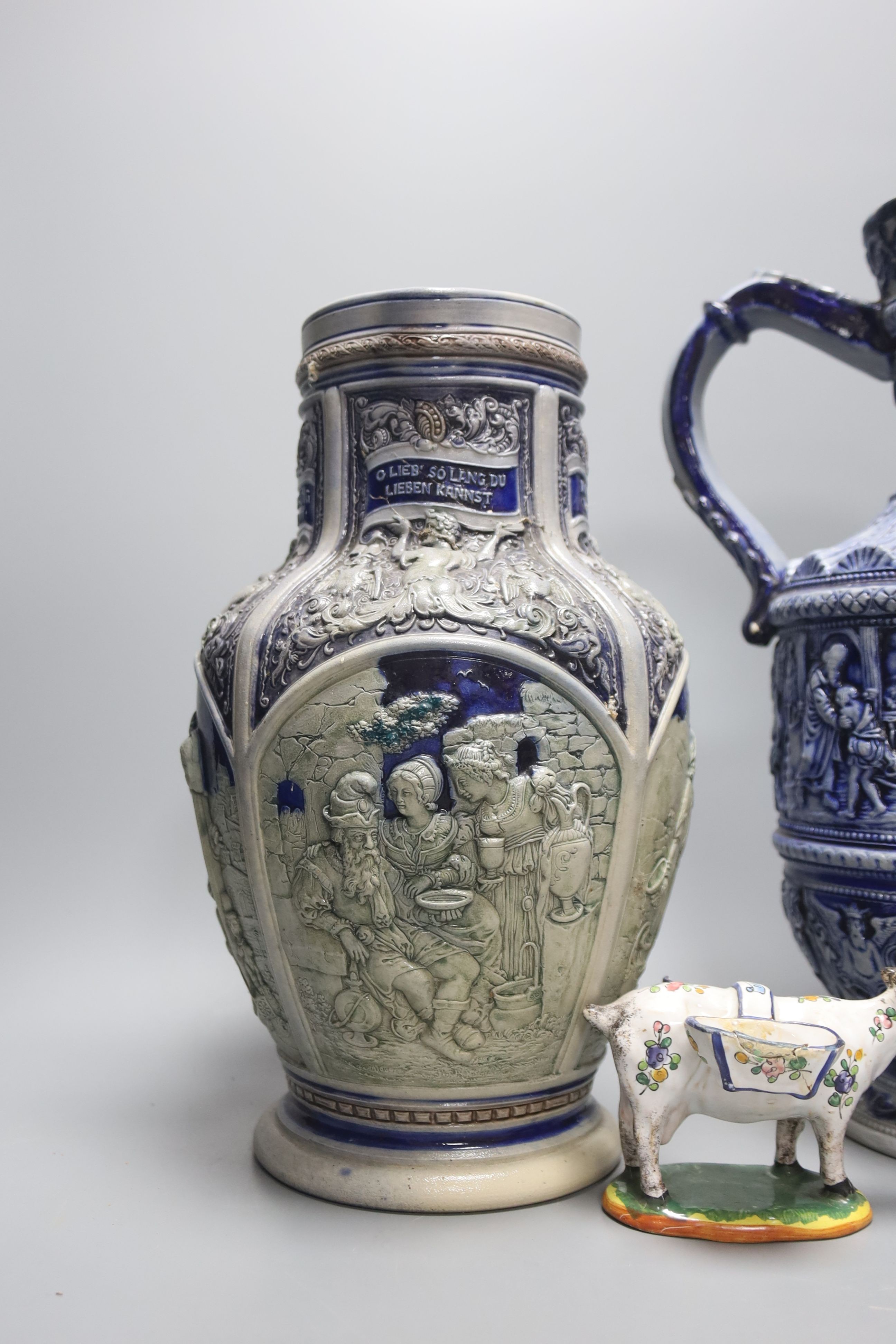 Two large German blue stoneware jugs 36cm